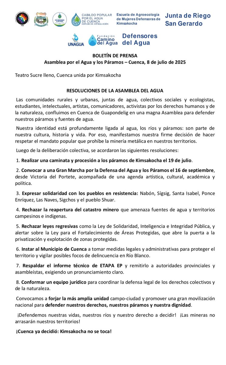 💧 Teatro Sucre lleno, Cuenca unida por el agua
Con fuerza decimos: Kimsakocha no se toca
¡El agua vale más que el oro!
📜 Mira las resoluciones de la Asamblea por el Agua.
#AsambleaPorElAgua #CuencaYaDecidió #KimsakochaEsVida #NoALaMinerí