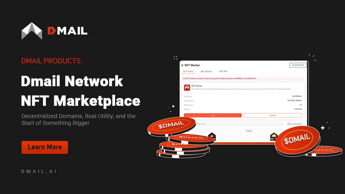 Feature launched: The NFT Marketplace (Beta)
Decentralized domains are now live, tradable, and functional!

Here’s what it unlocks:
• Own your inbox identity
• Control who can message you
• Access token rewards &amp; DAO governance

💰 122,000+ $DMAIL in volume already traded!

🛒