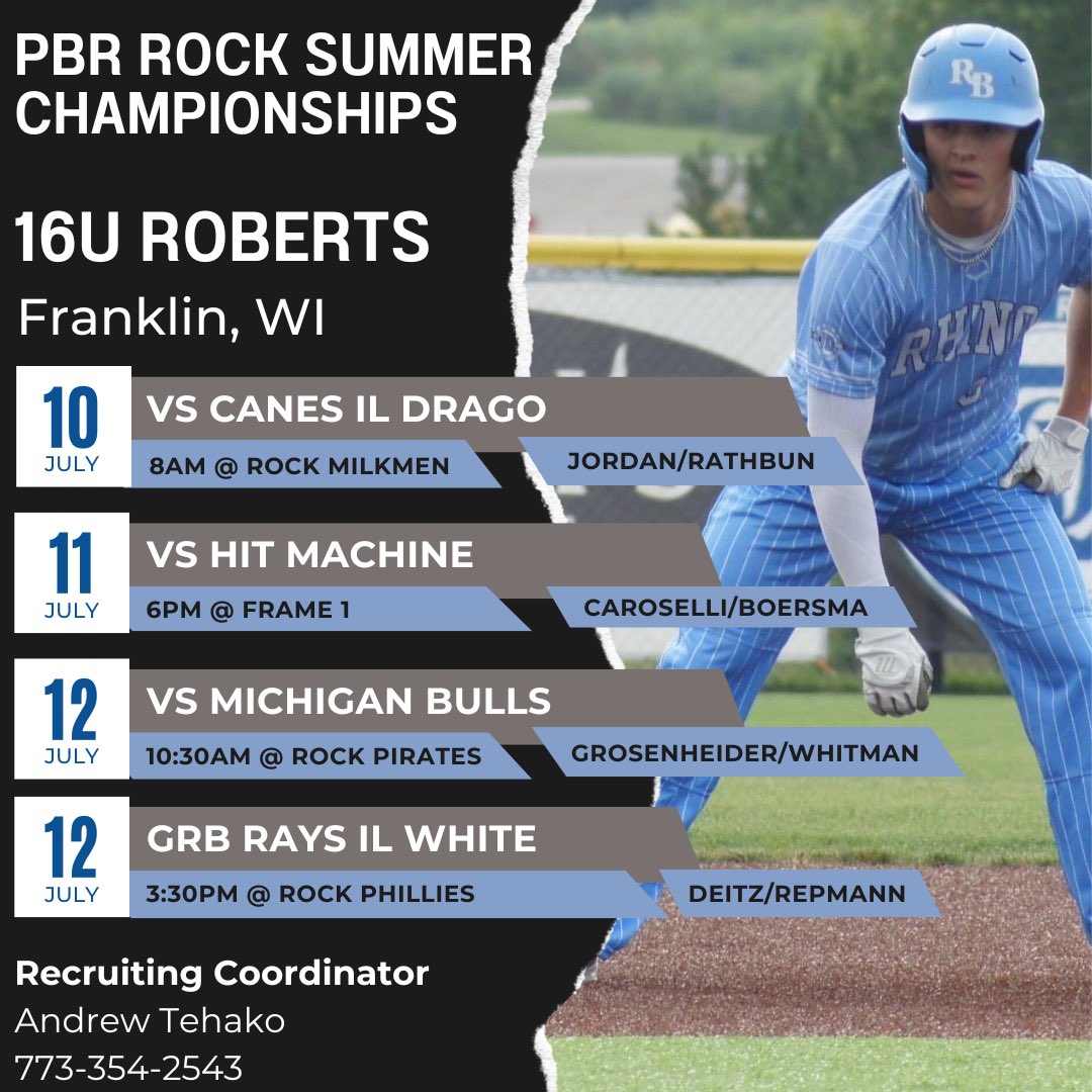 🚨🚨 🚨🚨 🚨🚨 🚨🚨 🚨🚨 🚨🚨
          SCHEDULE &amp; ROTATION
🚨🚨 🚨🚨 🚨🚨 🚨🚨 🚨🚨 🚨🚨

                       ‘27 Roberts
PBR Rock Summer Championships
            
                  📍Franklin, WI📍
