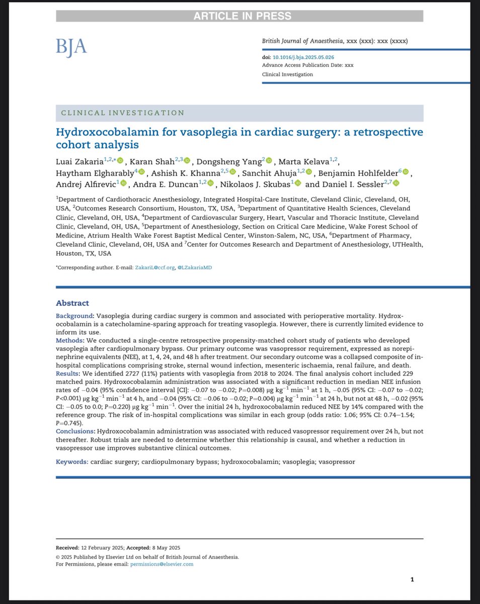 Ashish K. Khanna, MD,MS,FCCP,FCCM,FASA (@khannaashishccm) on Twitter photo What’s your choice for post CPB vasoplegia? Hydroxycobalamin reduced NEE requirements in the short term (24hr) but not thereafter. Who is going to compare this to Ang II in an RCT? sciencedirect.com/science/articl… <a href="/BJAJournals/">British Journal of Anaesthesia</a> <a href="/LZakariaMD/">Luai Zakaria</a> #vasoplegia <a href="/ASALifeline/">ASA®</a> What’s your choice for post CPB vasoplegia? Hydroxycobalamin reduced NEE requirements in the short term (24hr) but not thereafter. Who is going to compare this to Ang II in an RCT? sciencedirect.com/science/articl… <a href="/BJAJournals/">British Journal of Anaesthesia</a> <a href="/LZakariaMD/">Luai Zakaria</a> #vasoplegia <a href="/ASALifeline/">ASA®</a>