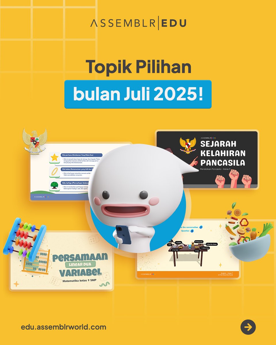 assemblrworld's tweet image. Thread Topik Pilihan Assemblr EDU di Bulan Juli! 📚

Gunakan berbagai Topik untuk #BelajarSeru menggunakan slide presentasi interaktif di kelas!

#AssemblrEDU #belajarid #Topik #3D #AR #Presentasi #Kelas #Belajar