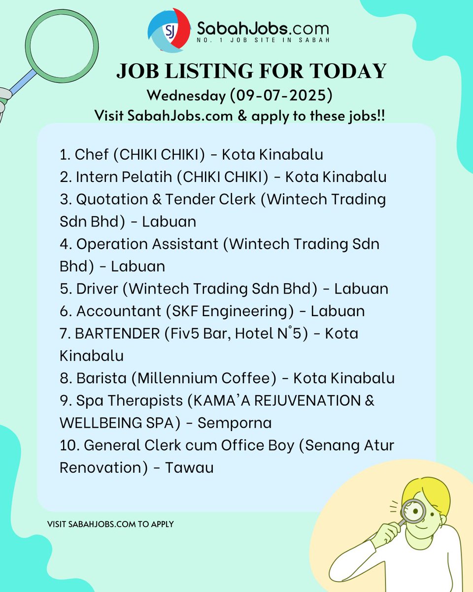 Wednesday (09-07-2025) Latest Jobs Sabah Today

APPLY ALL LATEST JOBS AT SabahJobs.com