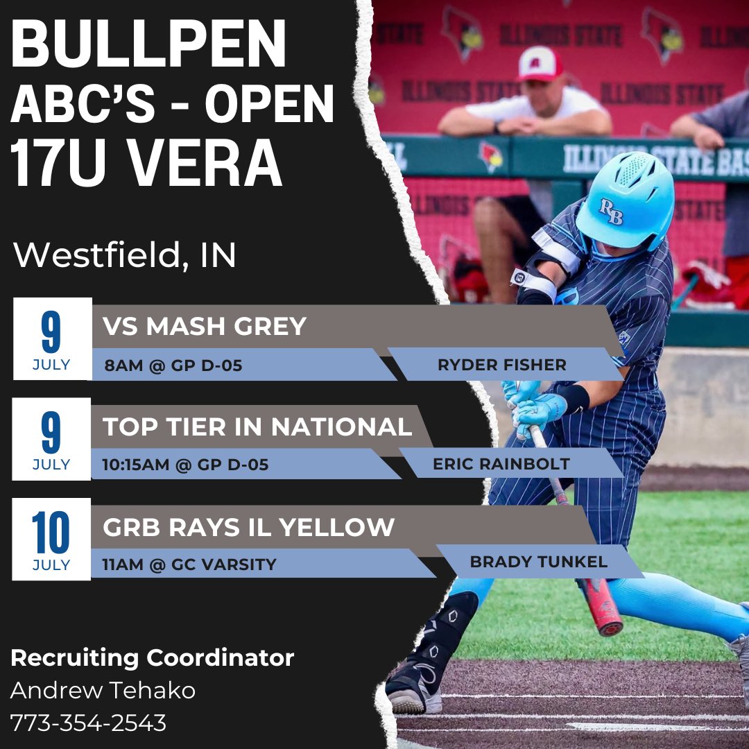 🚨🚨 🚨🚨 🚨🚨 🚨🚨 🚨🚨 🚨🚨
          SCHEDULE &amp; ROTATION
🚨🚨 🚨🚨 🚨🚨 🚨🚨 🚨🚨 🚨🚨

                         ‘26 Vera 
          Bullpen ABC’s - Open
            
               📍Westfield, IN📍