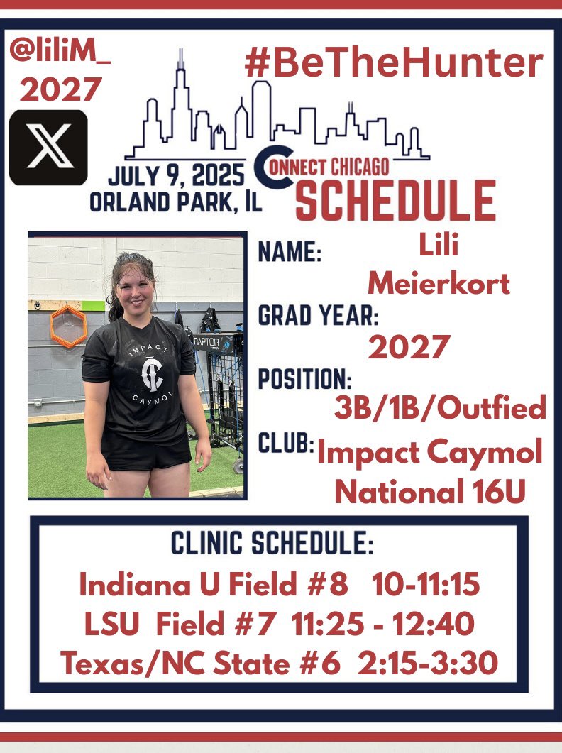 Lili M 2027 (@lilim_2027) on Twitter photo Excited for tomorrow’s <a href="/DDSBandEvents/">Diamond Direction</a> Connect Camp and then Heading to GA. Thurs to compete with my team at the <a href="/AtlLegacyInvite/">Atlanta Legacy Invitational</a> !
#BeTheHunter
<a href="/impactcaymol/">Impact Caymol</a> <a href="/Impact_Sullivan/">Impact Caymol Premier Sullivan</a> <a href="/DirectRecruits/">Direct Recruits</a> <a href="/LineDsoftball/">Line Drive Media</a> <a href="/ExtraInningSB/">EXTRA INNING SOFTBALL</a> <a href="/IndianaSB/">Indiana Softball</a> <a href="/LSUsoftball/">LSU Softball</a> <a href="/TexasSoftball/">Texas Softball</a> <a href="/PackSoftball/">NC State Softball</a> Excited for tomorrow’s <a href="/DDSBandEvents/">Diamond Direction</a> Connect Camp and then Heading to GA. Thurs to compete with my team at the <a href="/AtlLegacyInvite/">Atlanta Legacy Invitational</a> !
#BeTheHunter
<a href="/impactcaymol/">Impact Caymol</a> <a href="/Impact_Sullivan/">Impact Caymol Premier Sullivan</a> <a href="/DirectRecruits/">Direct Recruits</a> <a href="/LineDsoftball/">Line Drive Media</a> <a href="/ExtraInningSB/">EXTRA INNING SOFTBALL</a> <a href="/IndianaSB/">Indiana Softball</a> <a href="/LSUsoftball/">LSU Softball</a> <a href="/TexasSoftball/">Texas Softball</a> <a href="/PackSoftball/">NC State Softball</a>