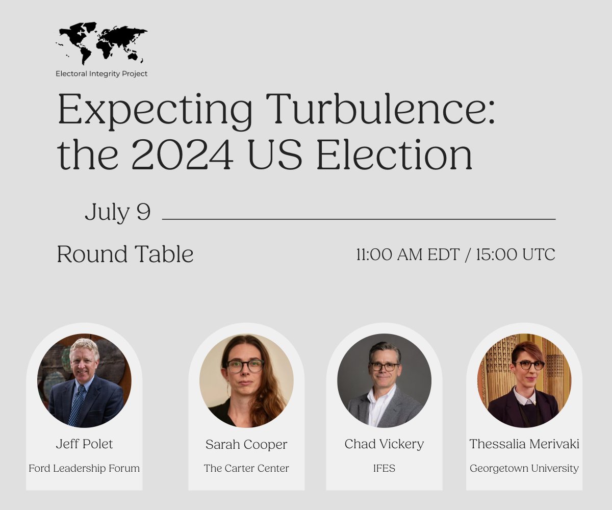 ElectIntegrity's tweet image. 🌍 Upcoming Round Table!
"Expecting Turbulence: the 2024 US Election"
📅 Wed, July 9 — 11:00 AM EDT / 15:00 UTC
📌 Domestic observation, litigation & communication in #US2024 elections
🔗 Register to attend: electoralintegrityproject.com/ieip2025
#iEIP2025 #Elections