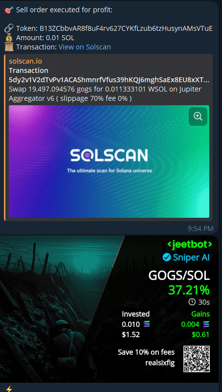 Today I tested out <a href="/coinrockmedia/">CoinRock Media</a>'s Jeetbot🔥🔥🔥
Basically, I set this thing on autopilot, it sniped favorable launches and automatically executed profits. 
Even had a 37% return in 30 seconds.....
I'm in love ♥️♥️♥️♥️♥️♥️