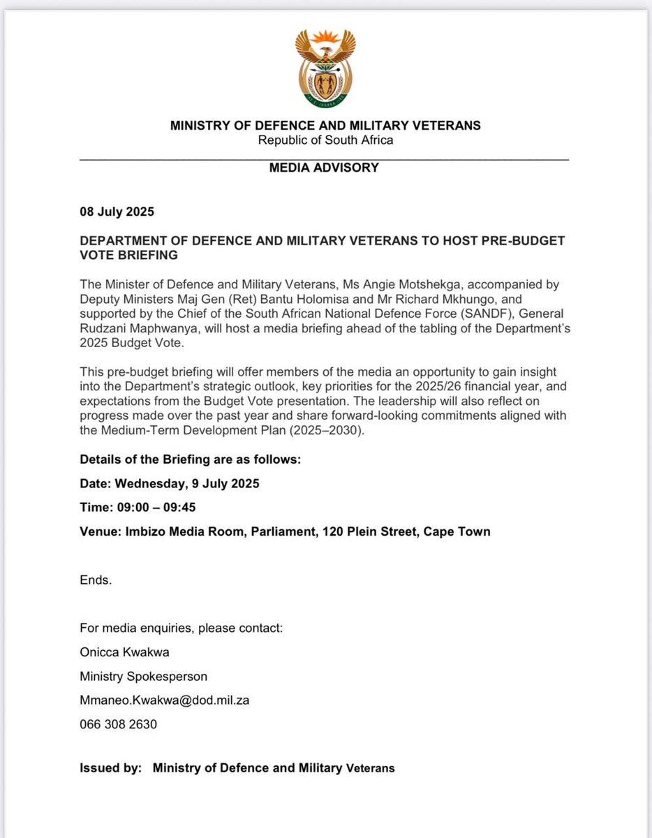 Minister of Defence and Military Veterans 🇿🇦 (@defence_za) on Twitter photo Today, we will table the budget speech for the Department of Defence and Military Veterans 🇿🇦 We will host a budget preview media briefing at 9am.
LIVE STREAM <a href="/SANDF_ZA/">SA National Defence Force 🇿🇦</a> YouYube <a href="/BantuHolomisa/">Bantu Holomisa</a>
#LetsDoMoreTogether Today, we will table the budget speech for the Department of Defence and Military Veterans 🇿🇦 We will host a budget preview media briefing at 9am.
LIVE STREAM <a href="/SANDF_ZA/">SA National Defence Force 🇿🇦</a> YouYube <a href="/BantuHolomisa/">Bantu Holomisa</a>
#LetsDoMoreTogether