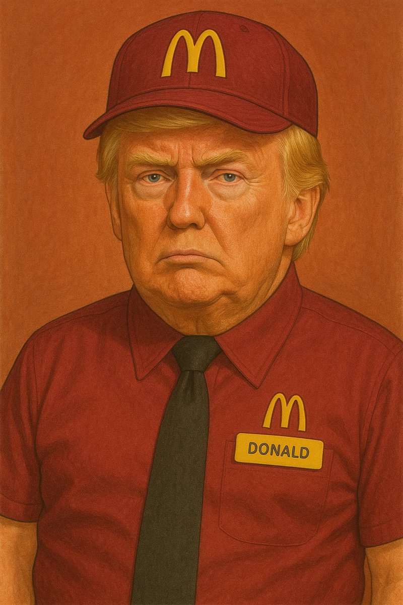 guille_farrell's tweet photo. 🍔😅Dan Bongino as Ronald McDonald flips patties with a scowl, Kash Patel’s Hamburglar sneaks extra fries, Pam Bondi’s Birdie burns the McMuffins, & Manager Trump yells, “You’re fired!” for soggy buns. McDonaldland’s wildest shift yet!🍟🤡#FastFoodFiasco https://t.co/QOpsZQRpot