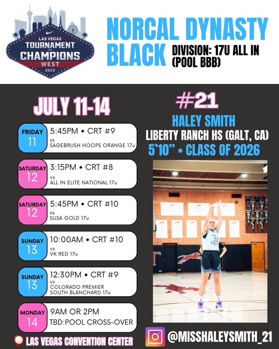 🚨College Coaches🚨here is Class of 2026 Guard/Forward, Haley Smith (Liberty Ranch HS/Lady NorCal Dynasty Black) Nike TOC West, Las Vegas Schedule (July 11-14)

2024-2025 HS Season Stats via <a href="/MaxPreps/">MaxPreps</a> 
19.7 PP/G
8.4 RB/G
3.3 AST/G
3.1 STE/G

California D4 Player of the Year