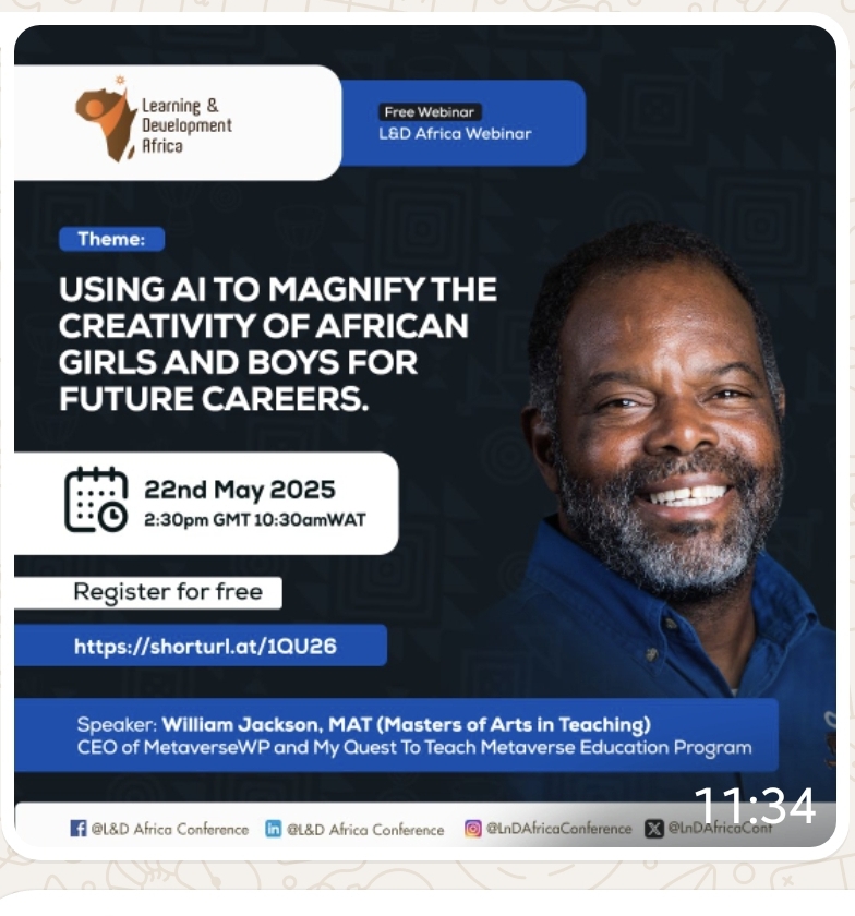 William Jackson, MAT, CEO, Metaverse Opportunities (@wmjackson) on Twitter photo Learning & Development Africa <a href="/LnDAfricaConf/">L&D Africa Conference</a>
Speaking since 2025 honored to be speaking, participating, contributing, promoting. #metaversewp #myquesttoteach #Africa #learninganddevelopment #risingafrica #raisingafrica #africarising Learning & Development Africa <a href="/LnDAfricaConf/">L&D Africa Conference</a>
Speaking since 2025 honored to be speaking, participating, contributing, promoting. #metaversewp #myquesttoteach #Africa #learninganddevelopment #risingafrica #raisingafrica #africarising