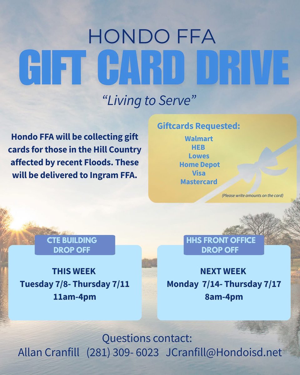 hondoisd1's tweet image. Hondo FFA will be collecting gift cards this week at the CTE building and next week at the high school front office. These will be delivered to the Ingram FFA Chapter for distribution to those affected.
For questions please contact Mr. Cranfill.
#getawin
#fighton