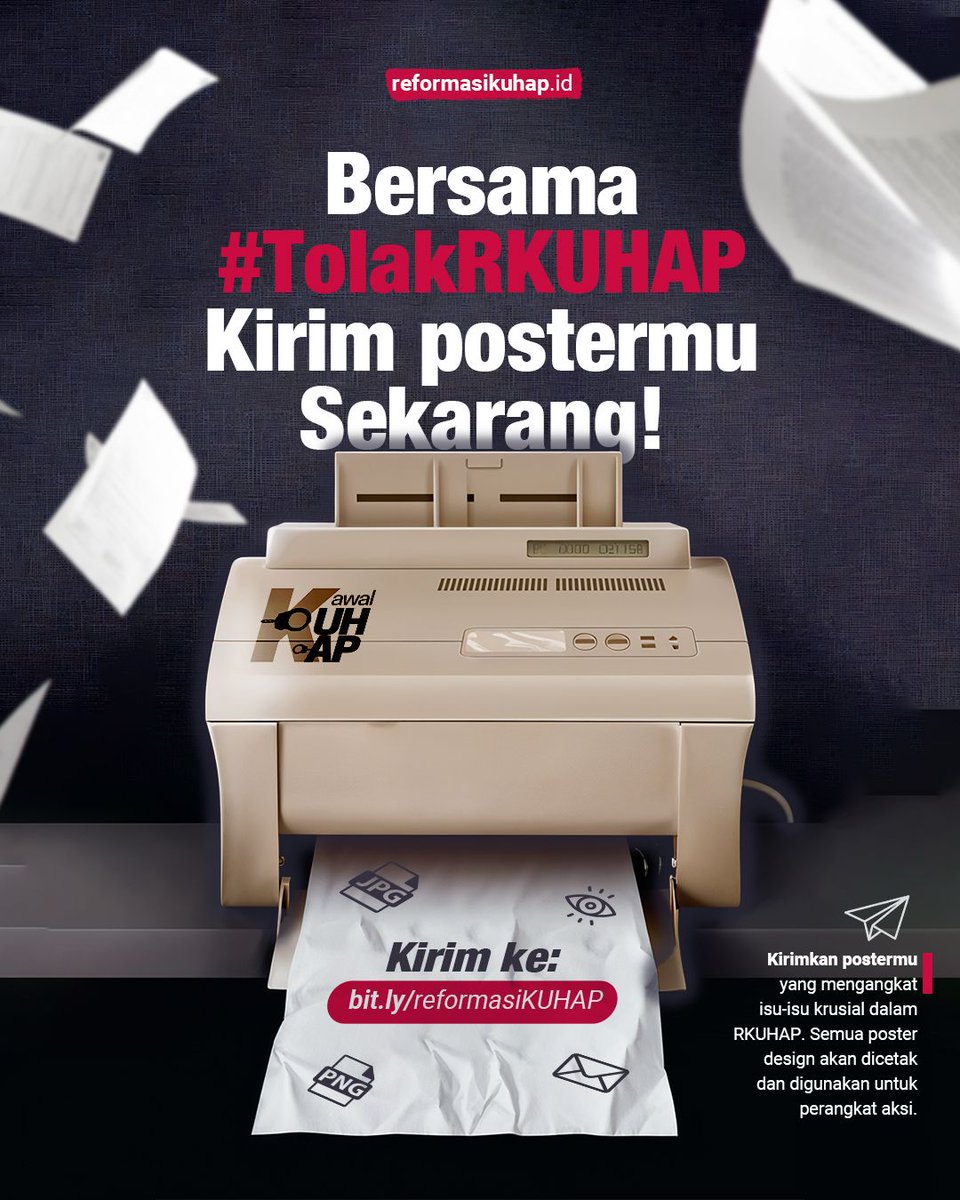 Bersama #TolakRKUHAP, Design-design Postermu Punya Kekuatan untuk Melawan! 

Kirimkan postermu sekarang dan ikut bersama-sama angkat suara untuk isu-isu krusial dalam RKUHAP yang bermasalah!

Kirim postermu ke:
bit.ly/reformasiKUHAP

#TolakRKUHAP #RKUHAPlaluditangkap