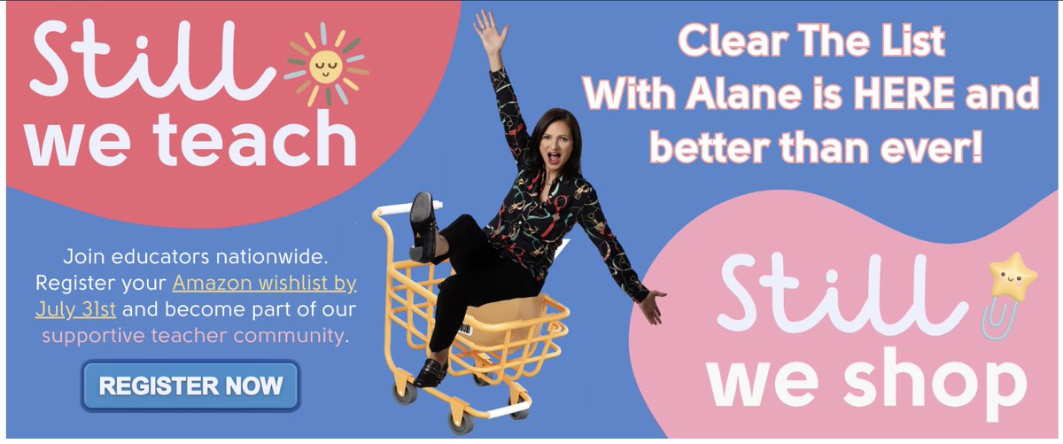 Teachers: Deadline = Jul 31, 2025. Register to have Alane Adams shop your wishlist.  
alaneadams.com/clear-the-list/