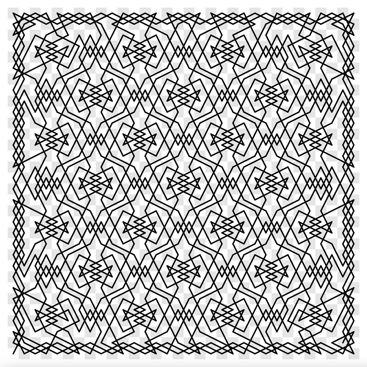A knight's tour of a 32x32 chessboard. The knight's path can be traced  without lifting one's writing implement from the surface of the paper.  This tour is close to having 180-degree rotational symmetry and vertical  and horizontal mirror symmetries. #mathart #chess