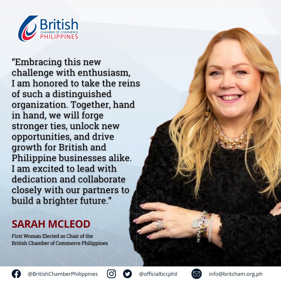 Big news from the British Chamber! 📣

Sarah McLeod is our new Chair—and the first-ever woman to lead BCCP! 💼🇬🇧🇵🇭

We also welcome Chris Nelson as Executive Vice Chair, following his term as Exec. Chairman (Jan–June 2025).

Here’s to bold leadership and stronger UK-PH ties! 🌐