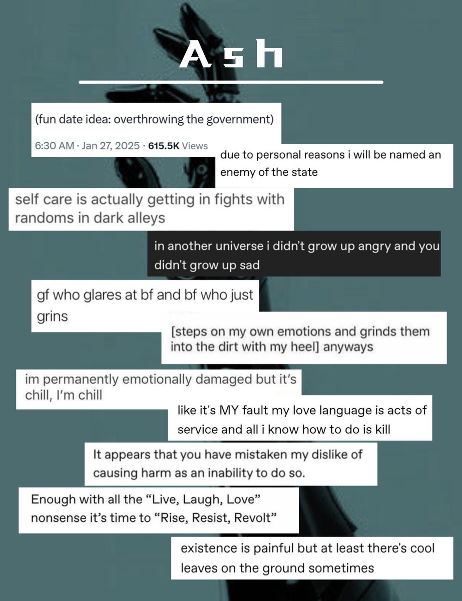 gwalkerauthor's tweet image. The characters of ASH as text posts #UnhingedPit
#YA #SF #P
Kade, an underworld thief serving the syndicates on a planet with lethal air π€
Ash, a revolutionist and syndicate officer whoβs been assigned to protect him π§¬
Xiara, a ruthless sharpshooter and Kade's best friend π£