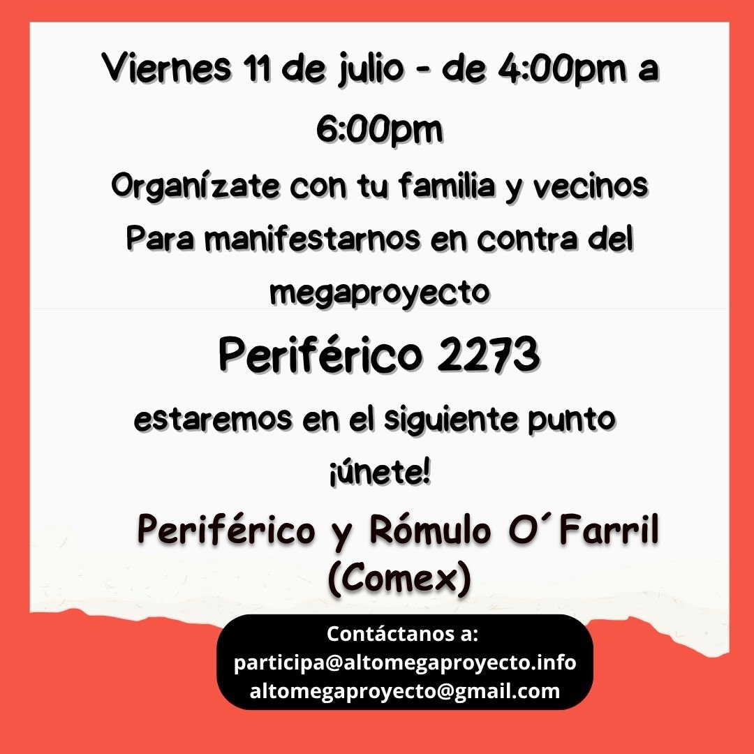 alto2273's tweet image. Alza la Voz!!!! Este Viernes 11 de Julio de 4 a 6 pm manifiéstate contra el MegaProyecto Periferico 2273. En Periferico y Rómulo O´Farril (Comex)
#altomegaproyecto2273 #altoperiferico2273 #OJO