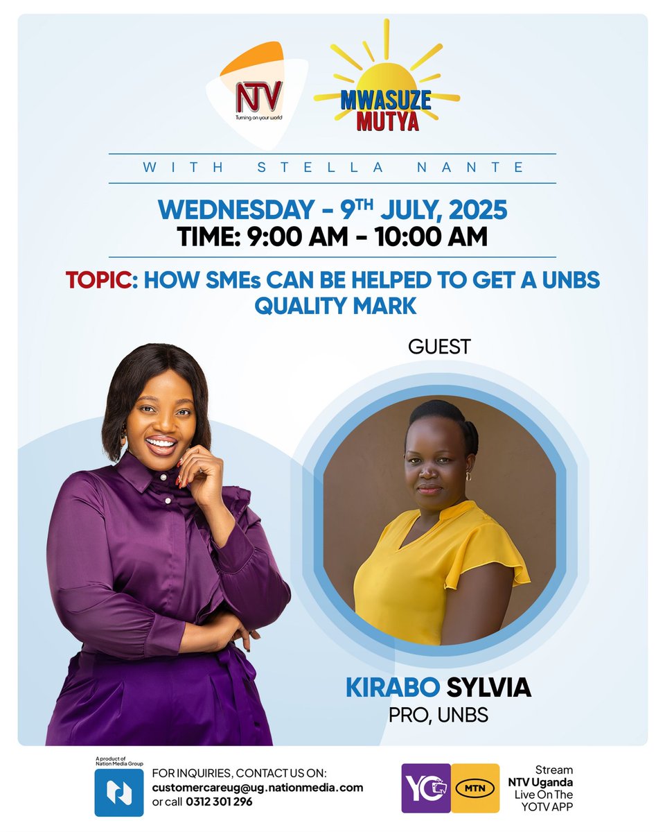 A product quality mark adds trust and credibility, helping your product stand out in a crowded market. Join me this morning on NTV as I share how SMEs can accelerate the process of getting a UNBS quality mark. #QualityMarks #SMEs <a href="/MwasuzeMutya/">NTV Mwasuze Mutya</a> #MwasuzeMutya <a href="/stella_nante/">Stella Nante</a>