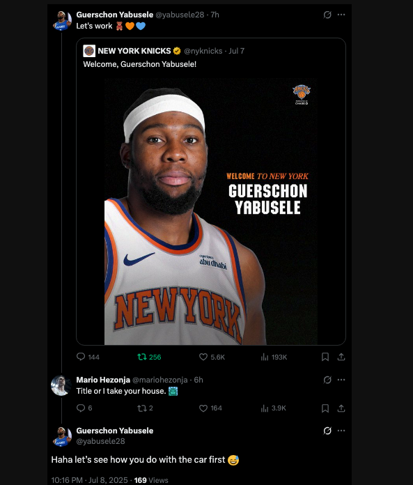 "Title or I take your house 🗽"

   –   Former Knick Mario Hezonja to newest Knick Guerschon Yabusele

Yabusele &amp; Hezonja were teammates on Real Madrid that won the 2023 Euroleague title