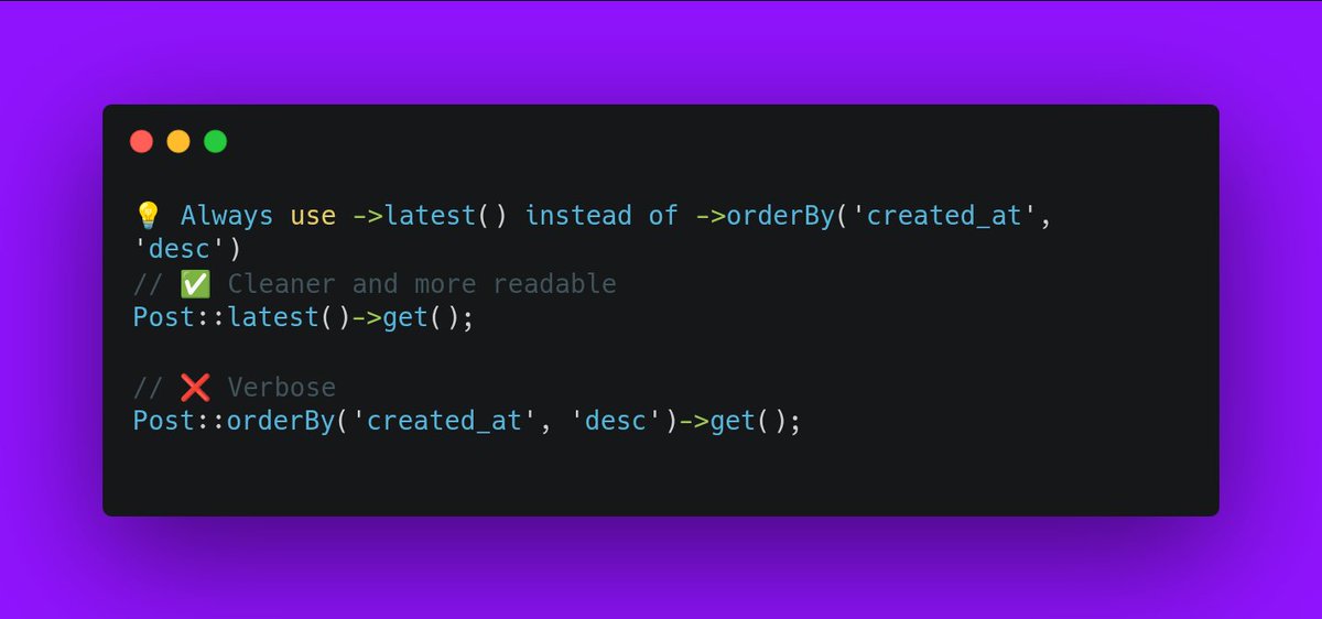 LaravelBrew's tweet image. A cleaner way to fetch the latest record. ⚡
#laravel #php #database
