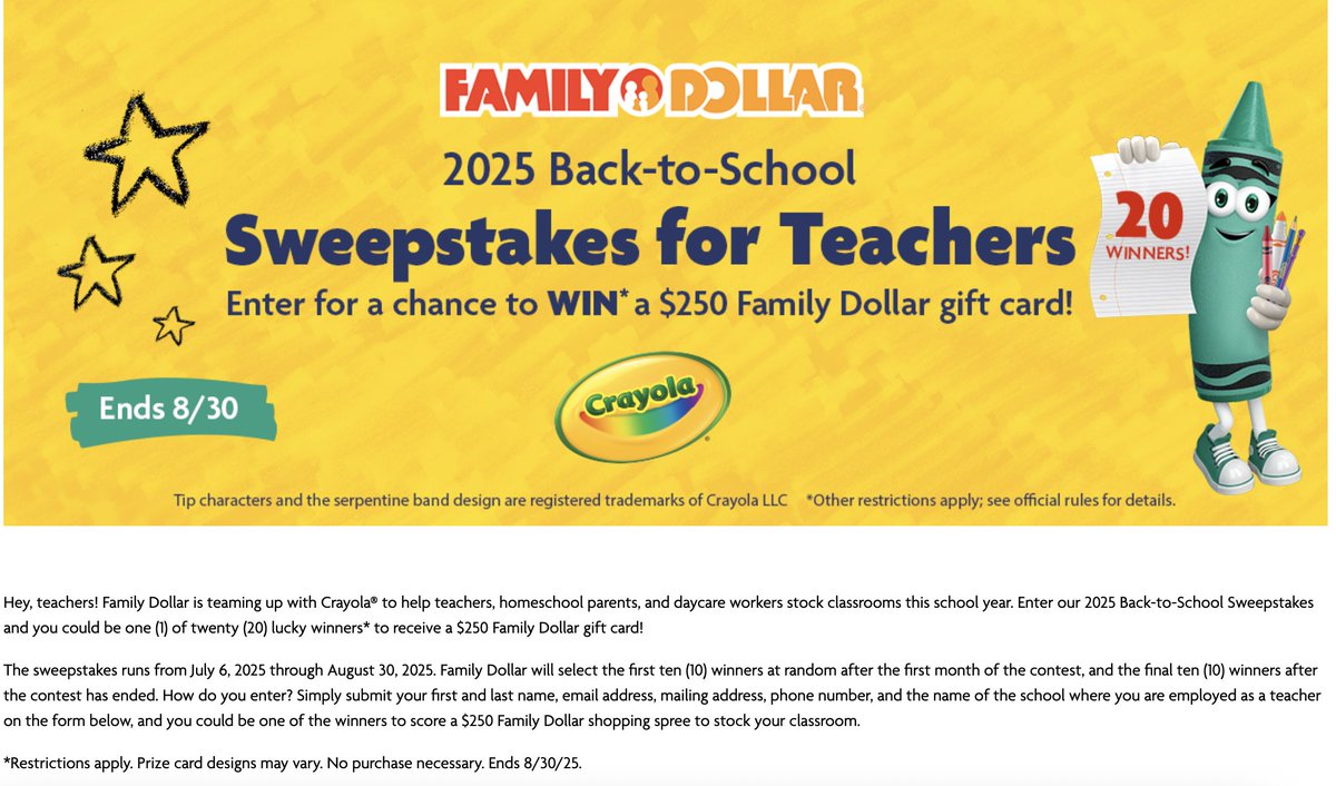 Teachers: Deadline = Aug 30, 2025. Enter to win 1 of 20 $250 gift cards from Family Dollar.  
familydollar.com/back-to-school…