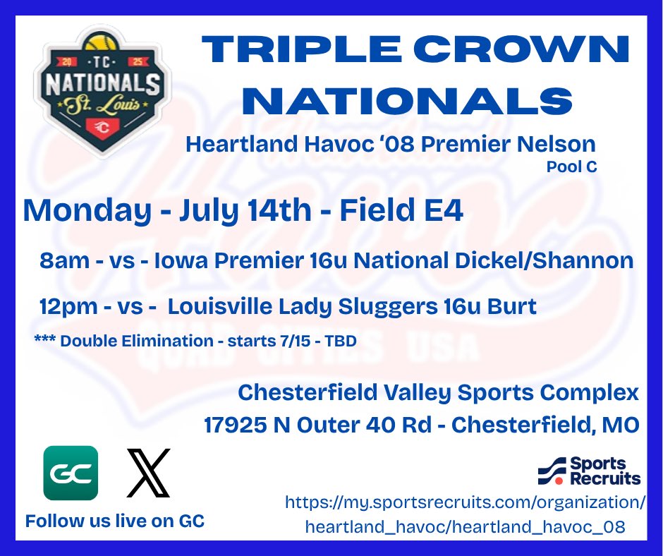 "The Ocho" have the week off to gear up for the Triple Crown Nationals in Chesterfield, MO!!! 
Pool play starts Monday 7/14 followed by double elimination starts 7/15!!!

#TheOcho
#Heartlandhavoc