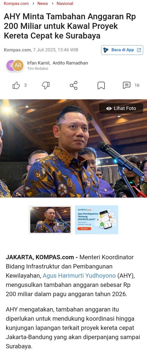 Giliran AHY minta tambahan anggaran juga....lucunya anggaran 200 M hanya tuk pengawasan 🤣

"AHY mengatakan, tambahan anggaran itu diperlukan untuk mendukung koordinasi hingga kunjungan lapangan terkait proyek kereta cepat Jakarta-Bandung yang akan diperpanjang sampai Surabaya".