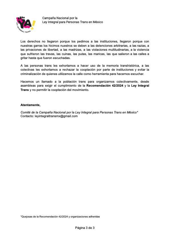 Comunicado 🚨🚨

Denunciamos los intentos oportunistas de la <a href="/CNDH/">CNDH en México</a> y <a href="/RosarioPiedraIb/">Rosario Piedra Ibarra</a> por buscar dividir al movimiento trans que ha exigido de forma directa el seguimiento a la Recomendación 42/2024.