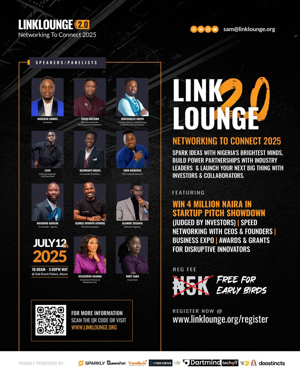 🚀 Don’t miss LinkLounge 2.0—Akure’s biggest networking event! Tech, business, investors &amp; Web3 all in one room. 📍Oak Event Palace, Agape Road, Akure
🗓 July 12, 2025 | ⏰ 10AM this Saturday (No African time)
🎟 Register: linklounge.org/register
📍Map: maps.app.goo.gl/UKvTqAUBgqBYRX…