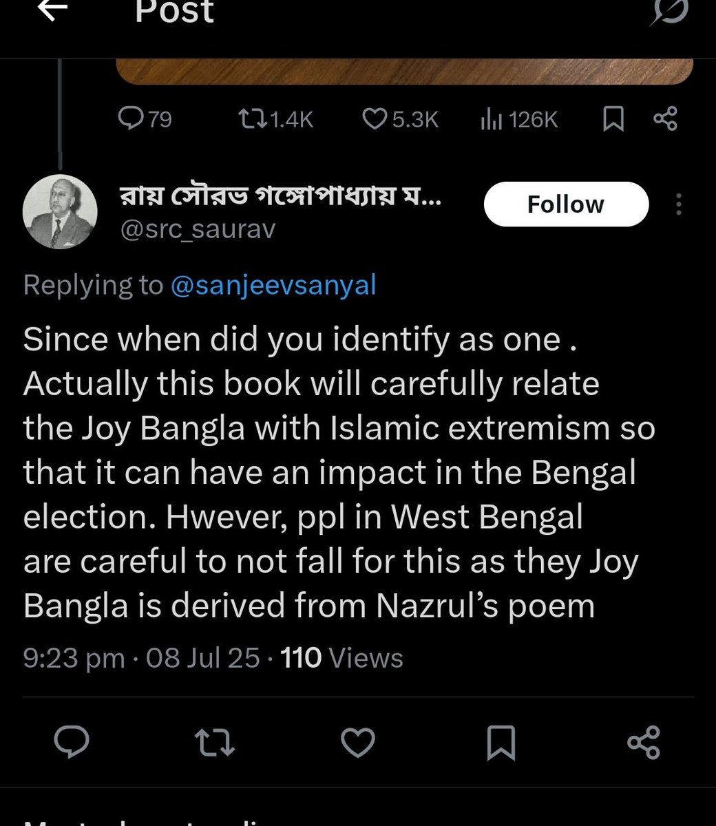 Kausik Gangopadhyay (@kausikgy) on Twitter photo Dear <a href="/src_saurav/">রায় সৌরভ গঙ্গোপাধ্যায় মজুমদার চৌধুরী</a>,
Feel free to remain deep in ignorance and not read my book to know the real meaning of Joy Bangla.
You imagine a Bengal that does not respect <a href="/sanjeevsanyal/">Sanjeev Sanyal</a>, a scion of Bharat. Tagore warned Bengalis about people like you.
Preach not ignorance by associating Dear <a href="/src_saurav/">রায় সৌরভ গঙ্গোপাধ্যায় মজুমদার চৌধুরী</a>,
Feel free to remain deep in ignorance and not read my book to know the real meaning of Joy Bangla.
You imagine a Bengal that does not respect <a href="/sanjeevsanyal/">Sanjeev Sanyal</a>, a scion of Bharat. Tagore warned Bengalis about people like you.
Preach not ignorance by associating