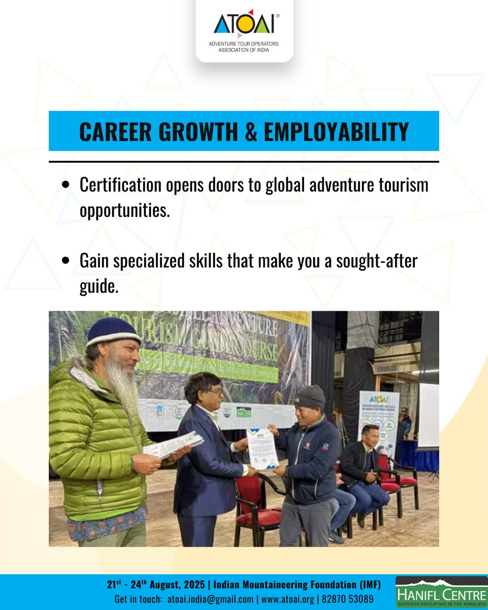 ATOAIexplore's tweet photo. In the adventure tourism industry, being certified isn’t just a plus—it’s a must-have for safety, credibility, and career growth.

📅 August 21-24, 2025 | 📍 IMF, New Delhi

#AdventureGuide #OutdoorLeadership #WildernessTraining #CPRCertification #ATOAIexplore #RiskManagement https://t.co/XpI8ZLGzjM