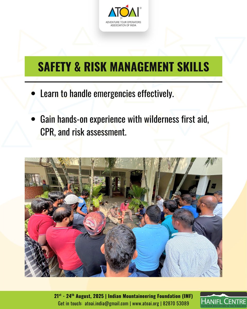 In the adventure tourism industry, being certified isn’t just a plus—it’s a must-have for safety, credibility, and career growth.

📅 August 21-24, 2025 | 📍 IMF, New Delhi

#AdventureGuide #OutdoorLeadership #WildernessTraining #CPRCertification #ATOAIexplore #RiskManagement