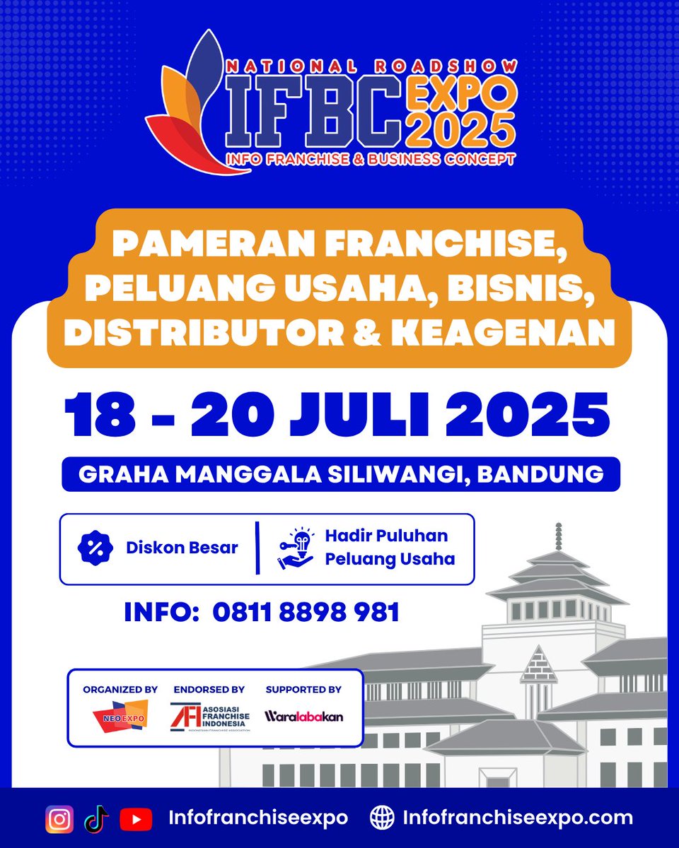 ✨IFBC 2025 hadir di Kota Kembang Bandung✨

Ambil kesempatan berburu peluang usaha &amp; konsultasi bisnis dengan para praktisi berpengalaman
Catat tanggalnya
📆: Jumat s.d. Minggu, 18 - 20 Juli 2025
📍: Graha Manggala Siliwangi, Jl. Aceh No.66 Bandung

info: infofranchiseexpo.com
