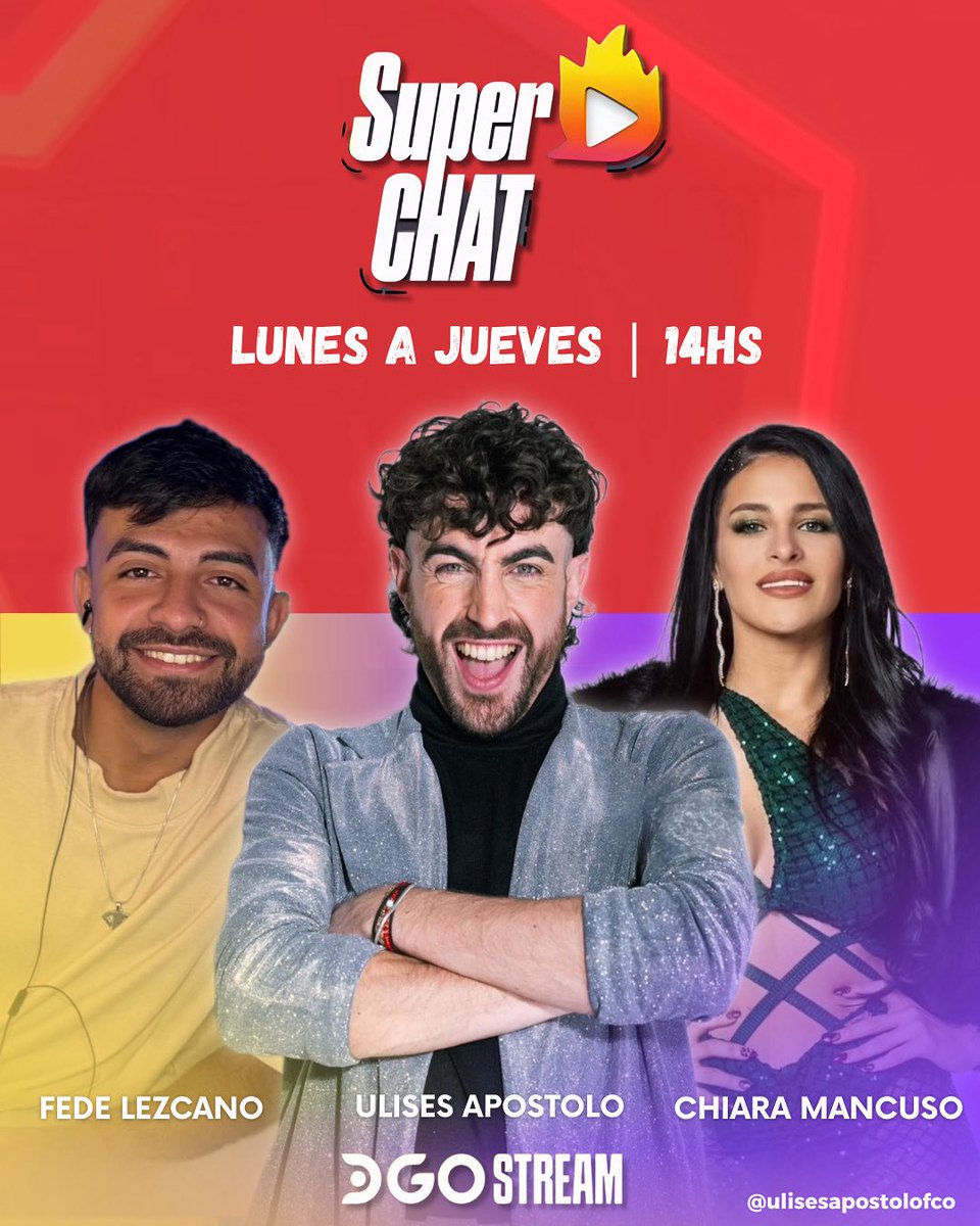 nn (@clsemvi) on Twitter photo 📲 A partir de este Jueves Ulises y Chiara se suman a #SuperChat junto a Fede ¡No se lo pierdan!
Podrán mirarlos a través del YouTube de @dgo_latam de Lunes a Jueves de 14:00 a 16:00hs.
<a href="/ulisesapostolo/">Ulises Apóstolo</a> <a href="/mancusochiaraok/">Chiara Mancuso</a> <a href="/fedelezcanodrc/">FedeLezcano</a> 📲 A partir de este Jueves Ulises y Chiara se suman a #SuperChat junto a Fede ¡No se lo pierdan!
Podrán mirarlos a través del YouTube de @dgo_latam de Lunes a Jueves de 14:00 a 16:00hs.
<a href="/ulisesapostolo/">Ulises Apóstolo</a> <a href="/mancusochiaraok/">Chiara Mancuso</a> <a href="/fedelezcanodrc/">FedeLezcano</a>