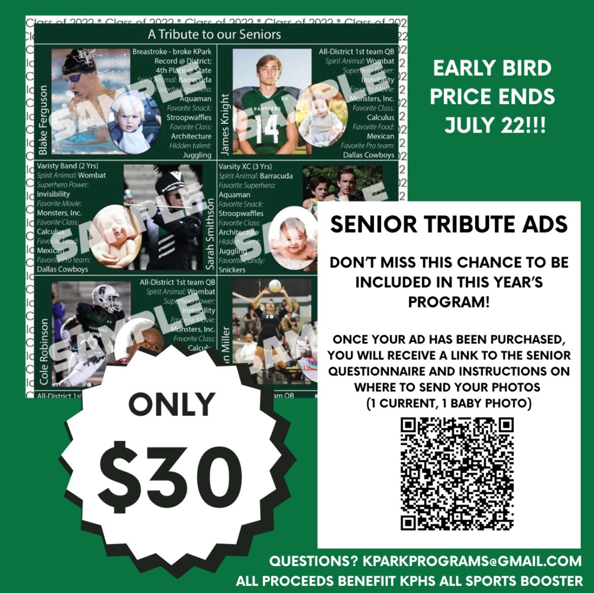Senior Parents: Celebrate your athlete in the All Sports Program (sold at the football games &amp; other sporting events!) Prices increase 7/22 … don’t miss out this special way to celebrate this final year! <a href="/KPark_Football/">PARK FOOTBALL</a> <a href="/kparkgirlsoc/">KPark Girls Soccer</a> <a href="/KPHS_Men_Soccer/">Kingwood Park Mens Soccer</a> <a href="/KParkBoysXC_TF/">KPark Boys T&F/XC</a>