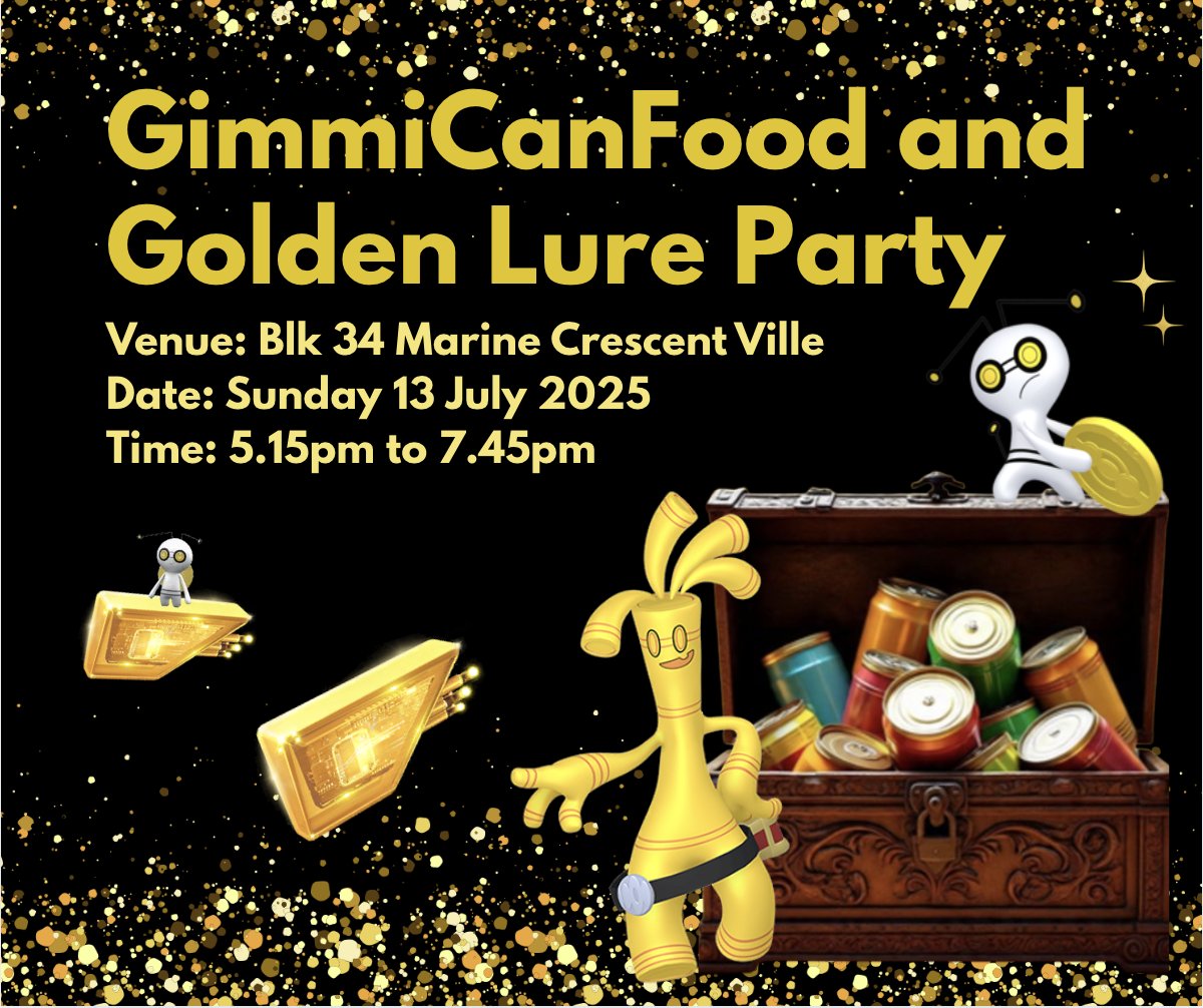 'PoGo SG Fam 🇸🇬' is collaborating with Marine Crescent RC to host a Canned Food Charity drive on 13 July, 5.15pm-7.45pm, Marine Crescent Ville 😄
10 stops Golden lured for 2 hours. Please donate any edible canned food, which will be given to the needy in the neighbourhood area ❤️
