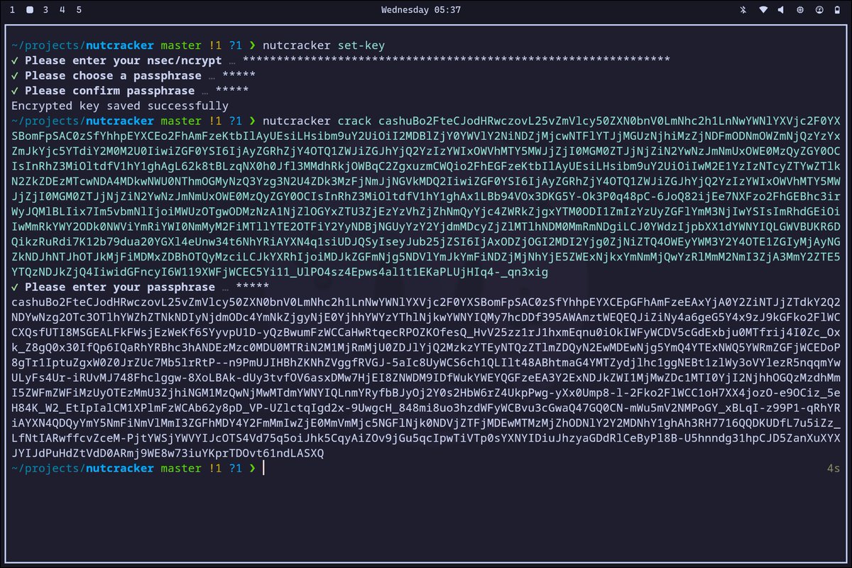 Egge21M's tweet image. Someone sent some nuts locked to my npub and I realised that I have no utility to unlock them.
So here is "nutcracker", a CLI that stores an nsec and unlock nuts with it.
It’s written in TS, but I will include executables with the first release too.
github.com/Egge21M/nutcra…