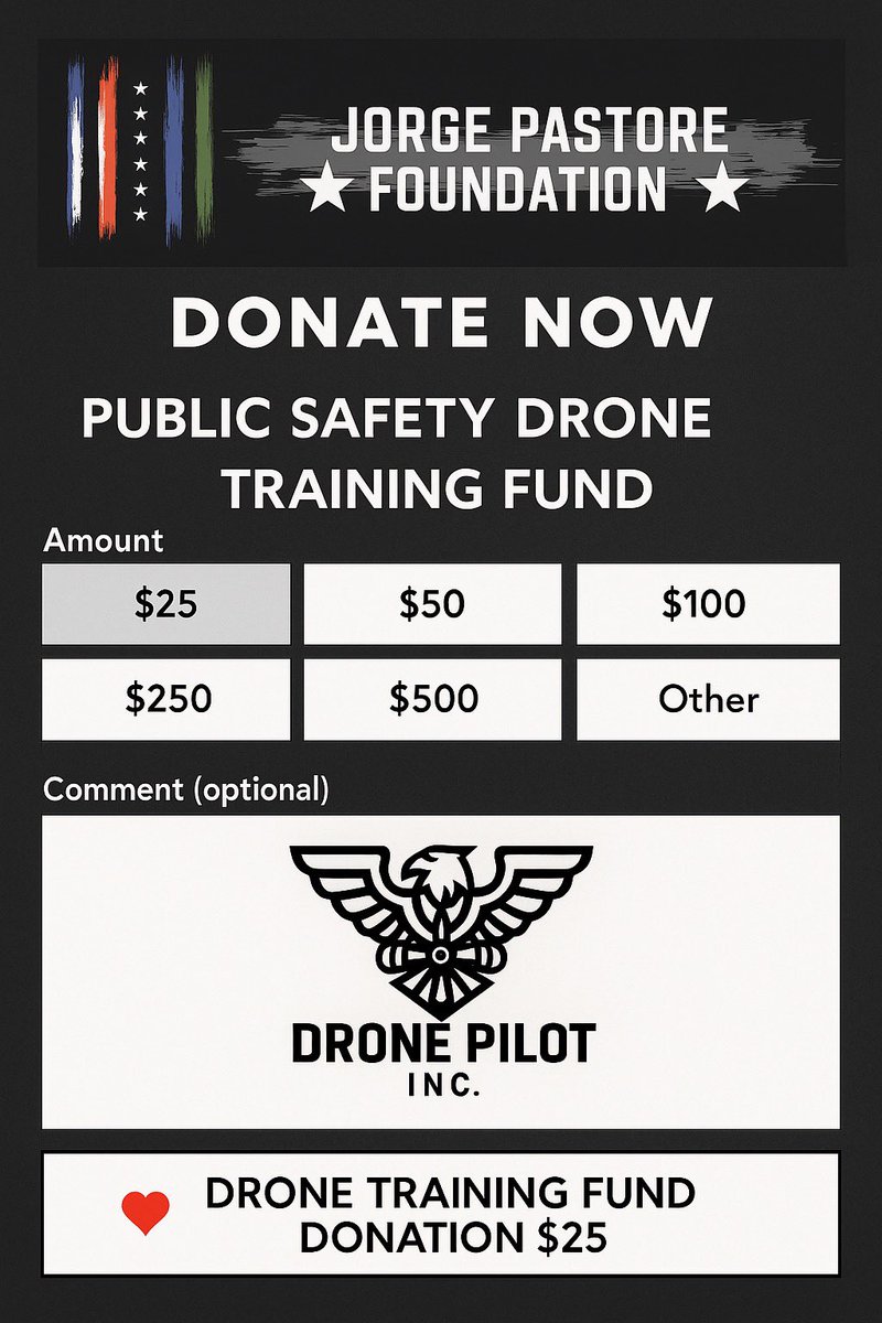 🚓🚑🚒 Help train &amp; equip first responders with drones!
The Jorge Pastore Foundation + Drone Pilot Inc are funding public safety drone training &amp; mission-ready drones.
🎯 Tactical, Night Ops, &amp; 3-Mo Academies
💸 Donate now: jpastorefoundation.com/donate
#DroneTraining #FirstResponders