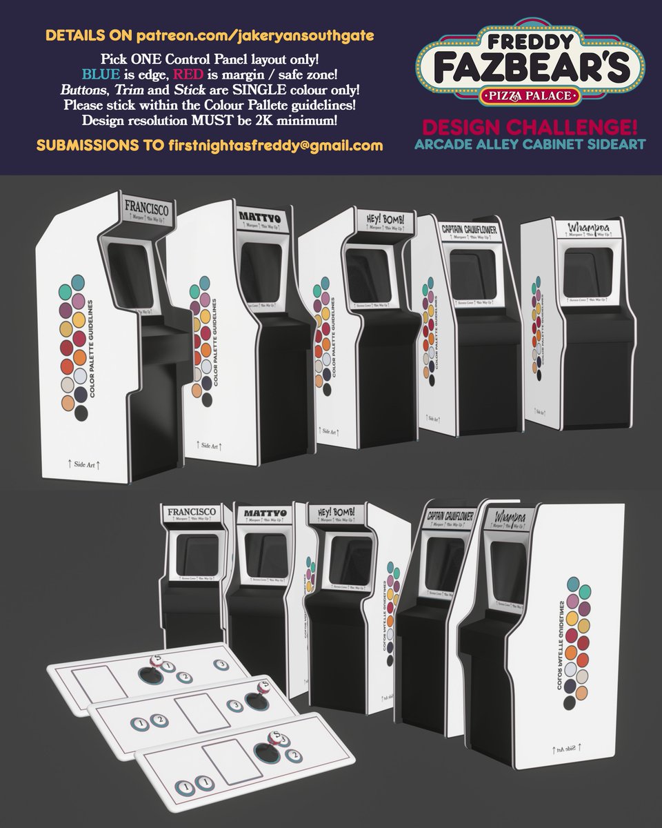 Come and join in with the SECOND DESIGN CHALLENGE - ARCADE ALLEY CABINETS! 🕹️

Details FREE on my Patreon (🔗in bio)

Select your arcade shape, colour between the lines, and email it through! 🎨

Deadline for submissions is July 23rd! Good luck! 🧡

#FNAF #design #challenge