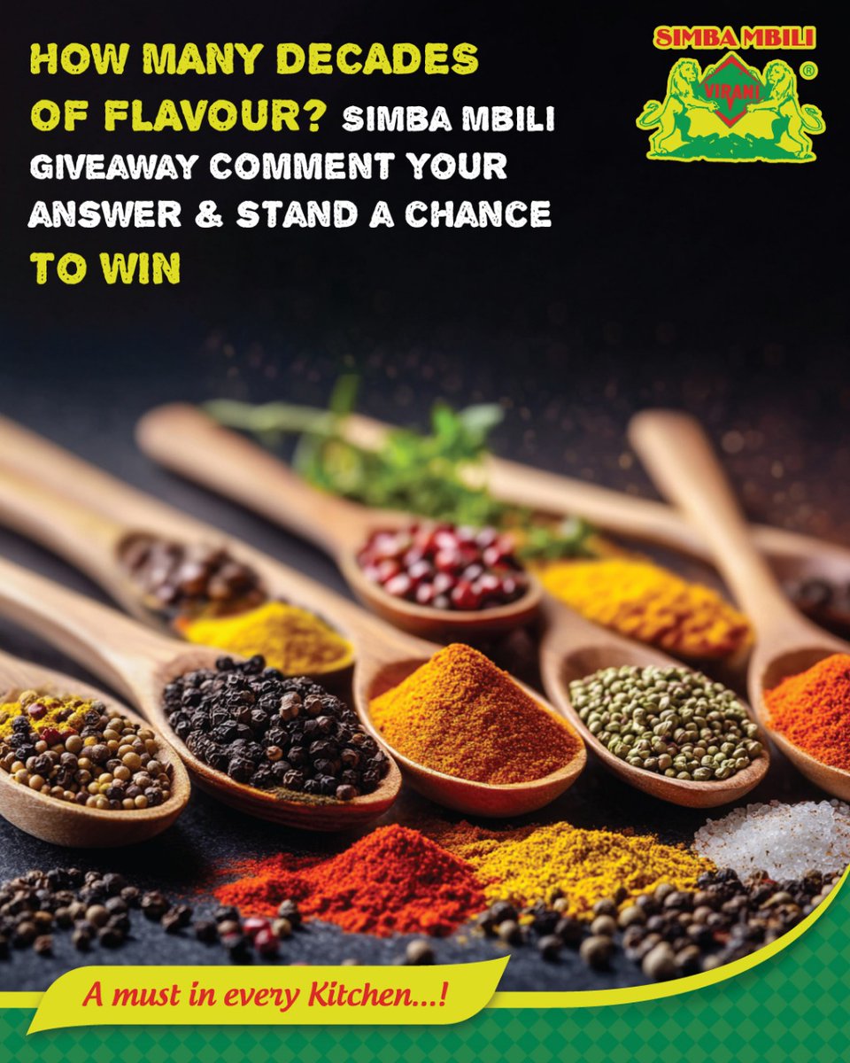 GiveAway post
Simba Mbili has been spicing up kitchens for decades!
How many decades has it been part of your meals? 
Drop your answer below 👇
Correct answers stand a chance to win a Simba Mbili spice hamper!
Winner to be announced July 16.#SimbaMbili #GuessAndWin   #RaaLimited