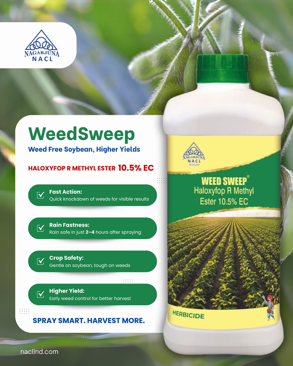 NaclIndLtd's tweet image. 🚜 WeedSweep – Weed Free Soybean, Higher Yields
HALOXYFOP R METHYL ESTER 10.5% EC
✅ Fast weed knockdown
✅ Rain safe in 2–4 hrs
✅ Safe on soybean
✅ Boosts yield

🌱 Spray Smart. Harvest More.

#WeedSweep #SoybeanPower #MadhyaPradesh #MPKisan #IndoreKisan #BhopalFarmers