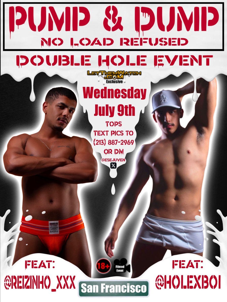 Juven (@esejuven) on Twitter photo 🌉SAN FRANCISCO🌉
DOUBLE HOLE EVENT !
Wednesday July 9th
🔥 <a href="/HoleXBoi/">HoleBoi</a> 2pm - 7pm
🔥 <a href="/reizinho_xxx/">Salmãozin 🔥🇺🇸LA 06/28 -07/17 🔥</a> 7pm - 11pm
🎥 <a href="/LetThemWatch_/">LetThemWatch.com 🔥</a>
🎥 <a href="/CumDumpVan/">CumDumpVan.com 🚐💦</a> <a href="/EseJuven/">Juven</a>
🎟️ TOPS RSVP via TEXT
📲 213.887.2969
🥷🏻 No Face No Case., Masks are avab.
🧡 Everyone is Welcome
🚫 No Drugs! 🌉SAN FRANCISCO🌉
DOUBLE HOLE EVENT !
Wednesday July 9th
🔥 <a href="/HoleXBoi/">HoleBoi</a> 2pm - 7pm
🔥 <a href="/reizinho_xxx/">Salmãozin 🔥🇺🇸LA 06/28 -07/17 🔥</a> 7pm - 11pm
🎥 <a href="/LetThemWatch_/">LetThemWatch.com 🔥</a>
🎥 <a href="/CumDumpVan/">CumDumpVan.com 🚐💦</a> <a href="/EseJuven/">Juven</a>
🎟️ TOPS RSVP via TEXT
📲 213.887.2969
🥷🏻 No Face No Case., Masks are avab.
🧡 Everyone is Welcome
🚫 No Drugs!