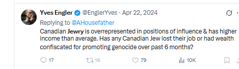 Yves Engler is running for the leadership of the NDP.   His statement against Jews in Canada is similar to the Nazi propaganda and Nazi laws from the Nazi era in Europe during the Holocaust.