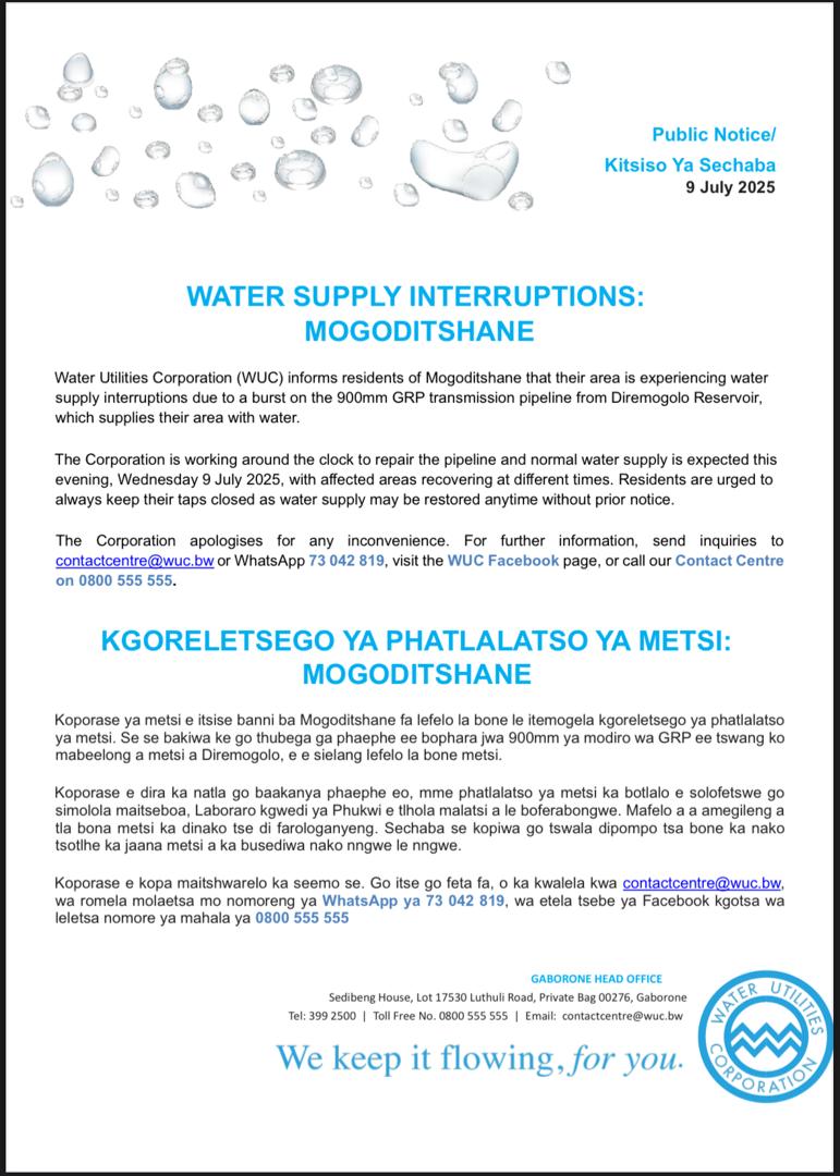 Public Notice/ Kitsiso ya sechaba
Water Supply Interruptions/ Kgoreletsego ya phatlalatso ya metsi

MOGODITSHANE