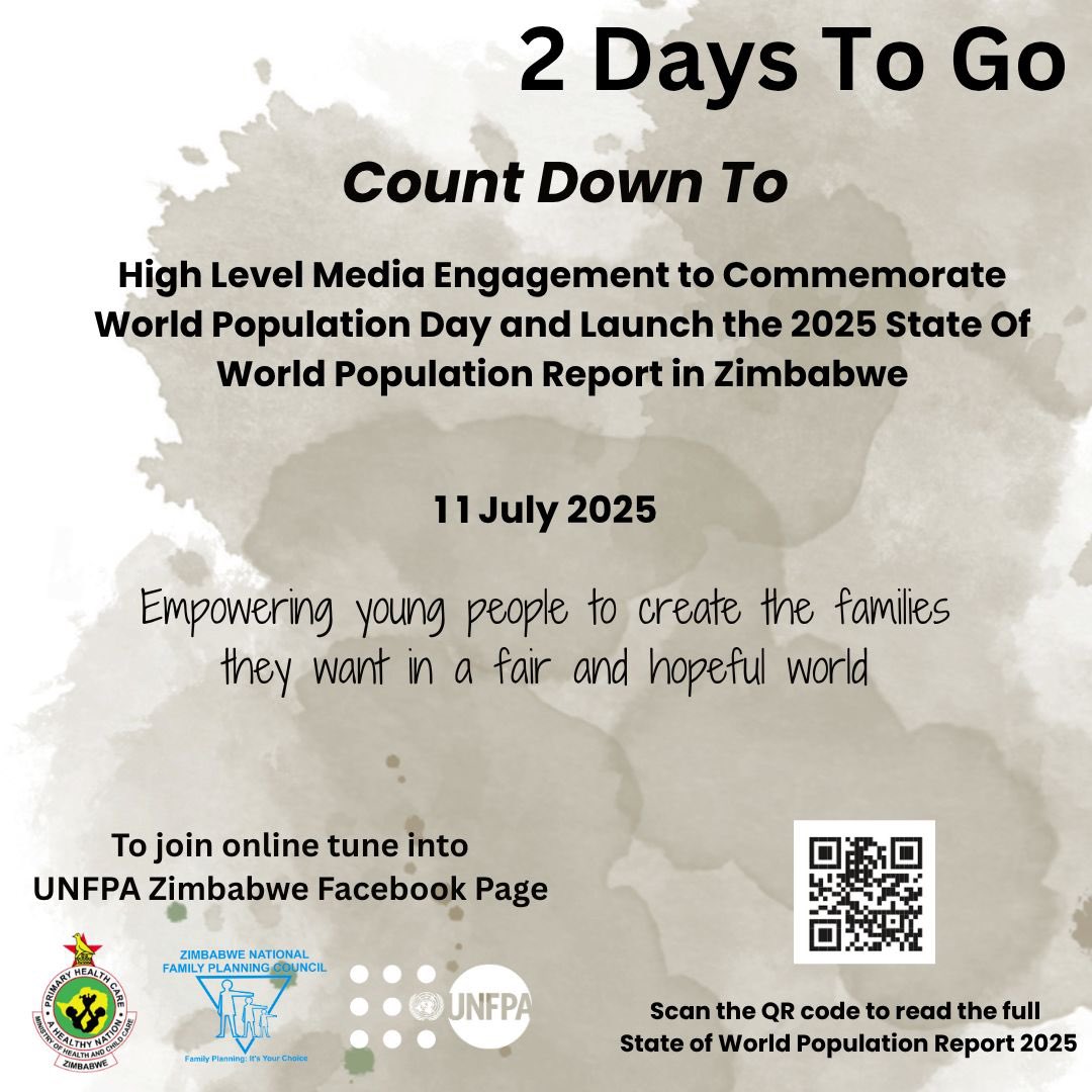 UNFPA_Zimbabwe's tweet image. Just 2 days to go!
We are almost there…
On the 11th of July, Zimbabwe will join the world to spotlight the transformative power of reproductive rights and demographic data.
Count Down to  #WorldPopulationDay2025 & Launch of the 
#SWP2025 
#Data4Development…