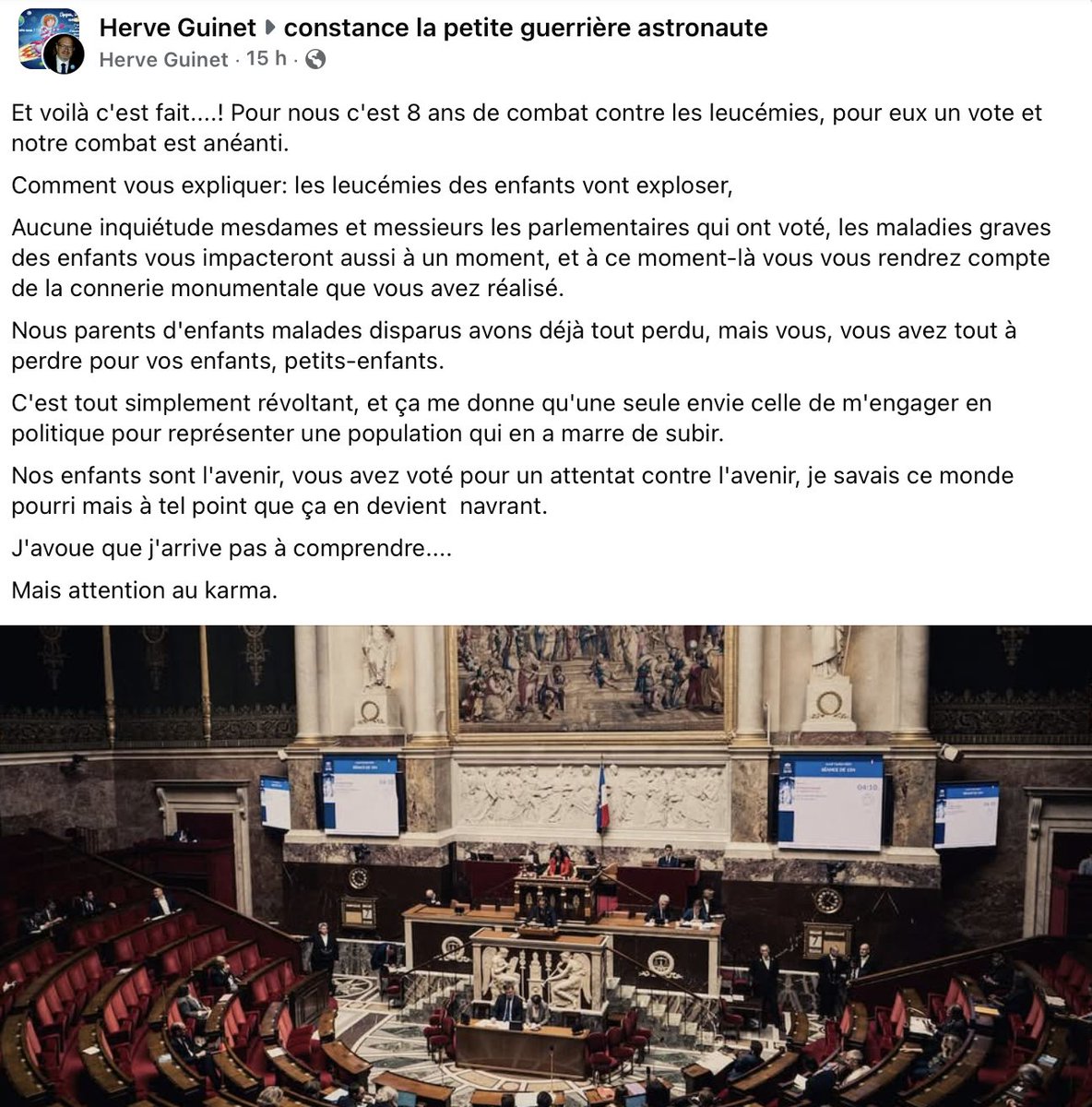 Hervé et Agnès, ce sont 2 parents qui ont perdu leur fille Constance, il y a 8 ans.

Depuis, ils mènent un combat pour la recherche sur les cancers pédiatriques et les leucémies.

Hier soir, ils ont publié ce texte après le vote honteux de la loi Duplomb.

Merci de partager...
