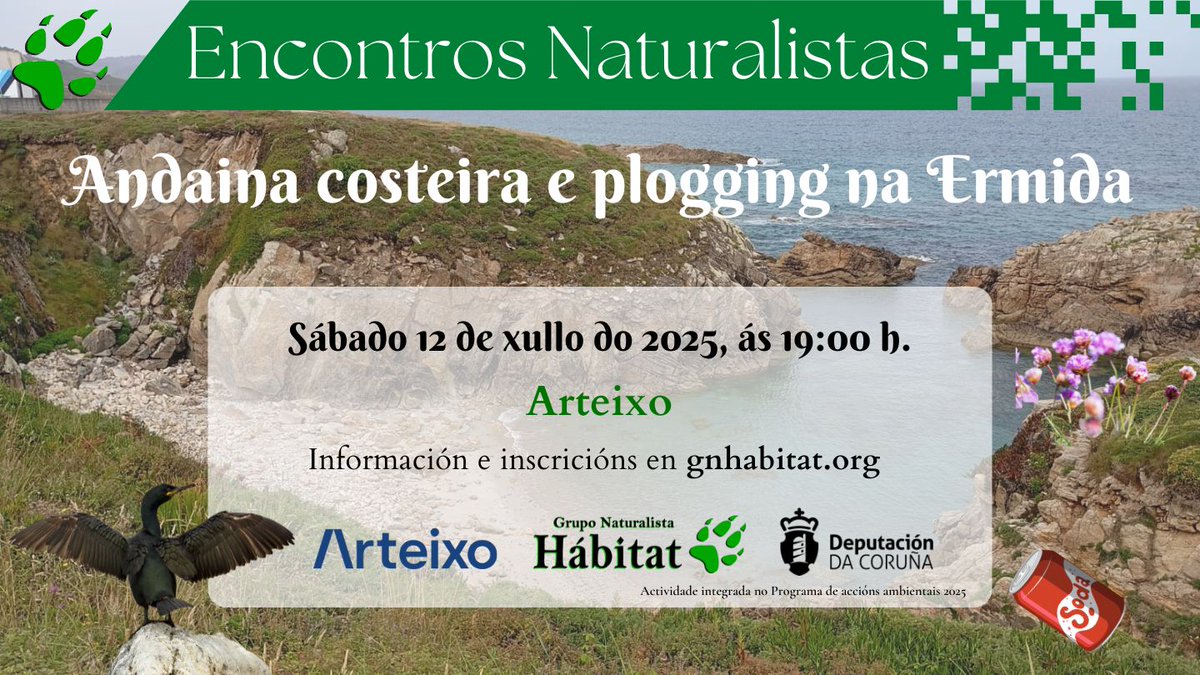 gn_habitat's tweet image. 🔊 Gustache pasear pola natureza ? Únete este sábado á andaina naturalista e plogging polo litoral da Ermida 🌊, en Arteixo. Coñece a biodiversidade, goza do mar e coida dos espazos naturais! 🆘
Info e inscricións ▶️ bit.ly/4nuRqIu
@Depucoruna 
@ArteixoOficial