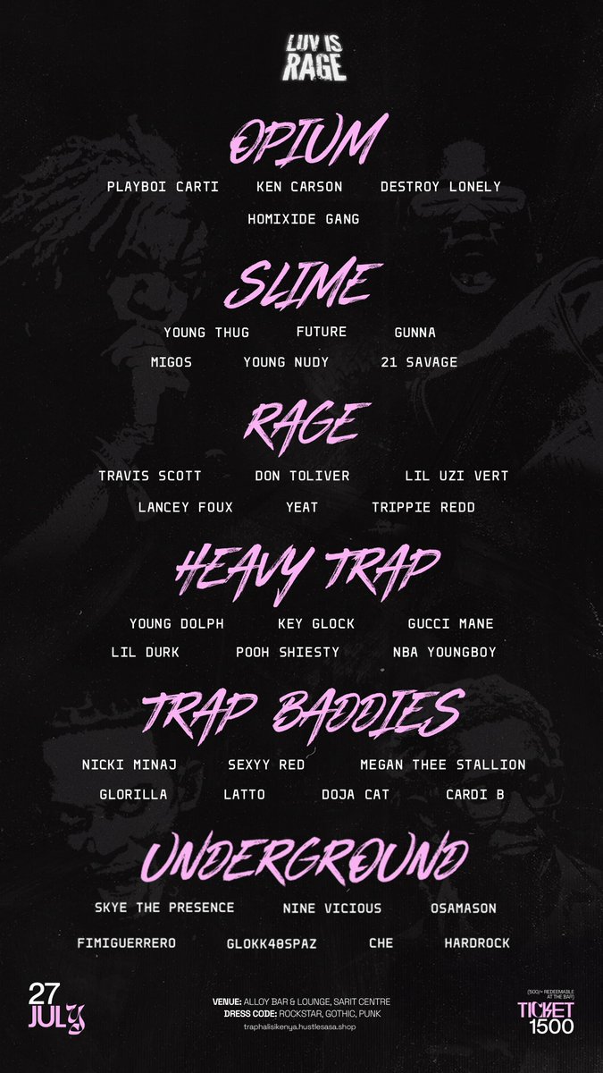 njokitheyapper's tweet image. Luv is rage 4.0 courtesy of trap halisi is back and it's bigger and better !!!!
Cop your ticket, which is going for 1500ksh at traphalisikenya.hustlesasa.shop
Seeyuh there 🔥🖤