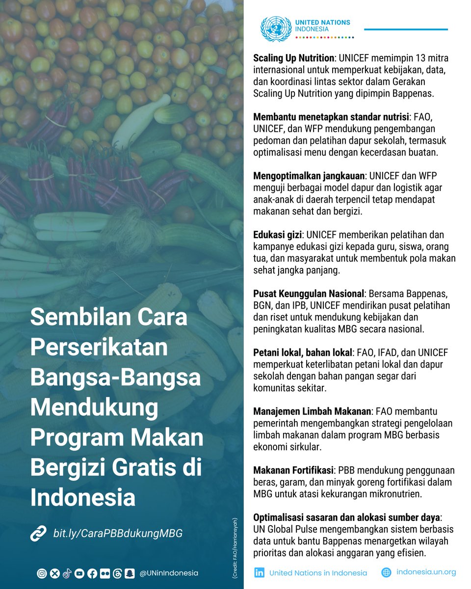UNinIndonesia's tweet image. Makan bergizi gratis (#MBG) bukan sekadar program—ini adalah investasi untuk masa depan anak-anak Indonesia. 💪🍛
@UN di Indonesia bersama mitra nasional & internasional mendukung dari hulu ke hilir: mulai dari penguatan kebijakan, dapur sekolah, petani lokal, hingga pengelolaan…