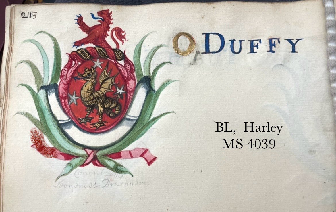 NatisArms's tweet image. The arms of #Duffy of #Ireland. 
The motto is (by pencil)  CONCULCABIS LEONEM ET DRACONEM (Psalms 90/91).
תִּרְמֹס כְּפִיר וְתַנִּין
Crocodile is translated as #dragon.  
Irish heraldry, painted by James Terry, Athlone #Herald, exiled in France with K James II BL, Harley MS 4039